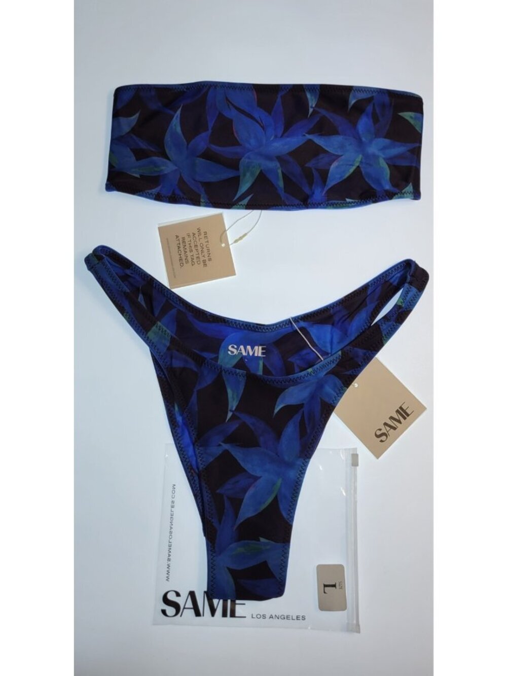 SAME Bikini Set M Women Blue Floral Strapless Bandeau Top High Cut Bottom NWT